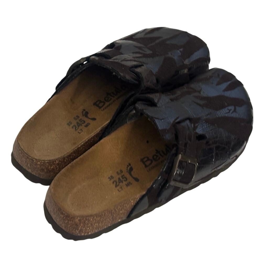 Betula By Birkenstock Brown Animal Print Patent Leather Clogs EU 38 US 7-7.5